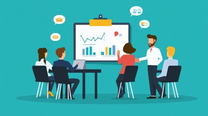 Business training session depicted in modern flat design, featuring a coach guiding a team