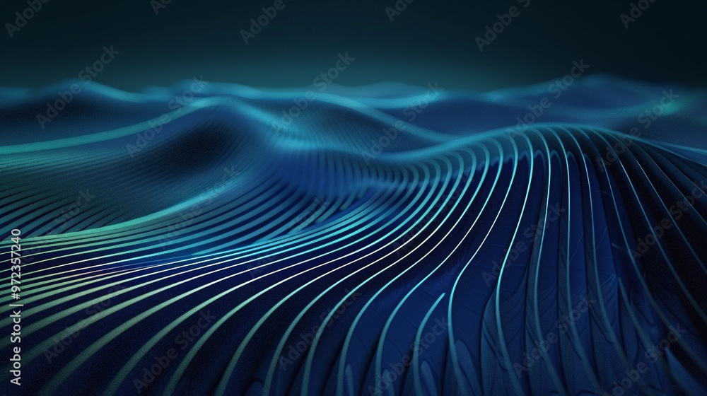 Poster a mesmerizing abstract image of flowing waves in blue and green tones, creating a serene digital lan