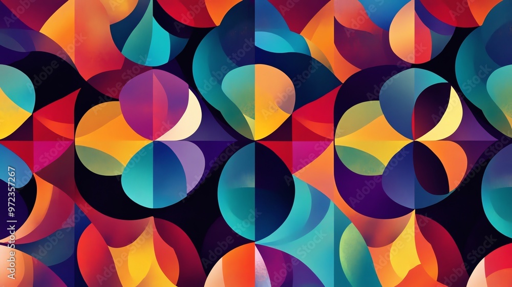 Poster abstract geometric pattern with colorful circles and shapes.