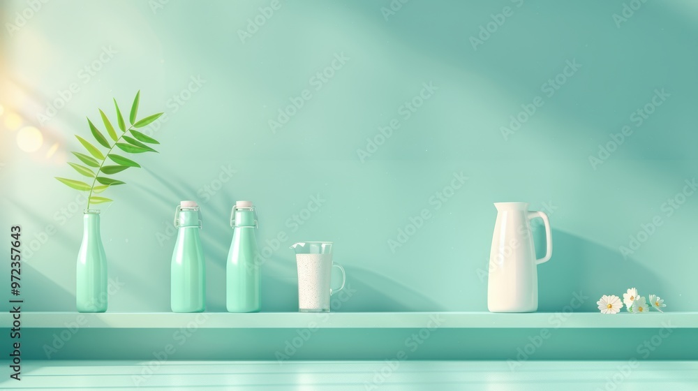 Poster captivating milk bottles and jugs creating a nostalgic and inviting atmosphere in fluid illustration