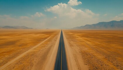 Fototapeta premium Aerial View of a Straight Road Through a Dry Desert Landscape