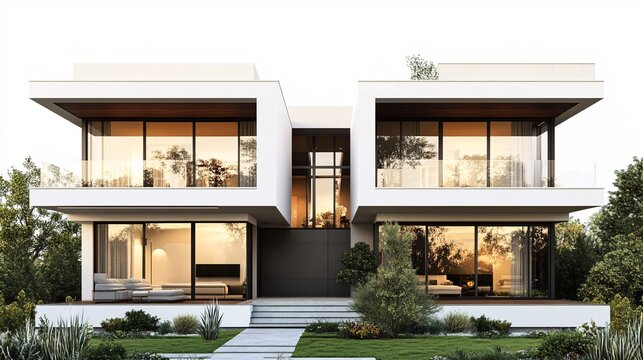92. Contemporary duplex house design in 3D, featuring two distinct but connected living spaces, flat roofs, and minimalist exterior detailing, isolated on a white background