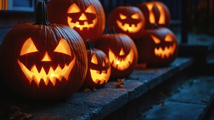 A row of lit jack-o-lanterns with spooky faces sit on a set of stone steps in front of a house, glowing brightly in the twilight.