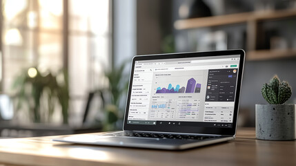 Laptop with open analytics dashboard on screen, showing graphs and data,  on wooden desk.