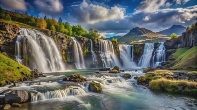 Majestic waterfalls cascading down rocky cliffs into a vibrant river in Iceland