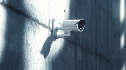 105. High-quality 3D rendering of a white CCTV camera, designed for hidden observation, attached to a concrete wall, illustrating the importance of privacy and security