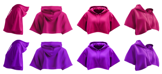 2 Set of magenta purple pink woman cropped midriff hoodie hoody hooded oversized flare short sleeve sweatshirt jumper sweater, front back side view on transparent PNG. Mockup template for artwork