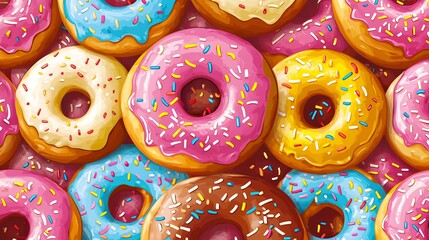 Fototapeta premium A colorful background of donuts with different colored icing and sprinkles.