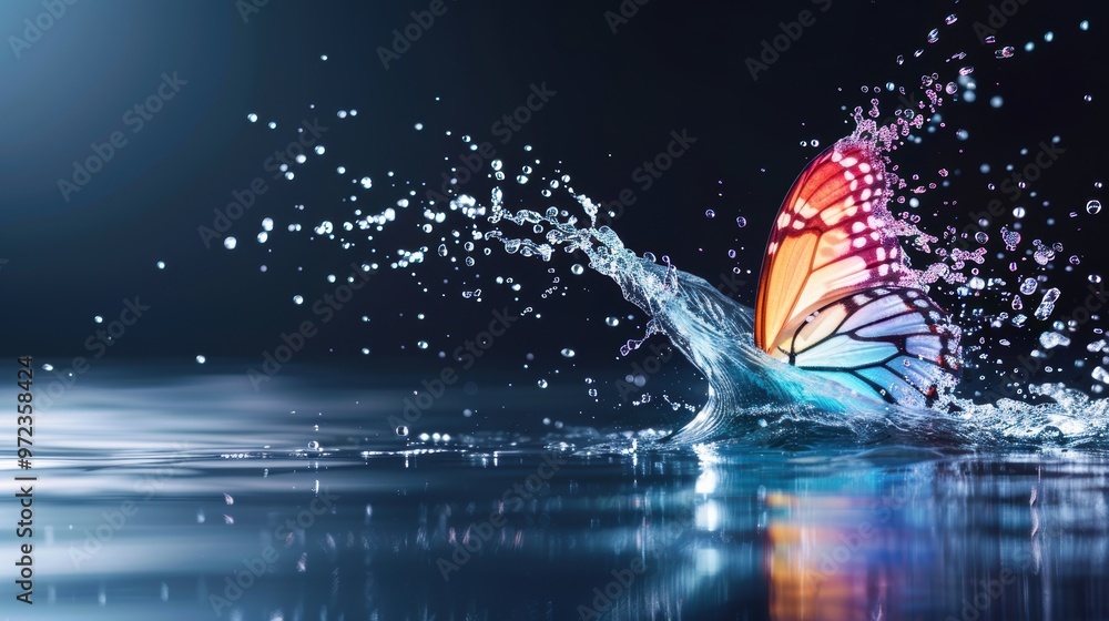 Poster a surreal depiction of colorful water splashes forming a butterfly, with intricate patterns and vivi