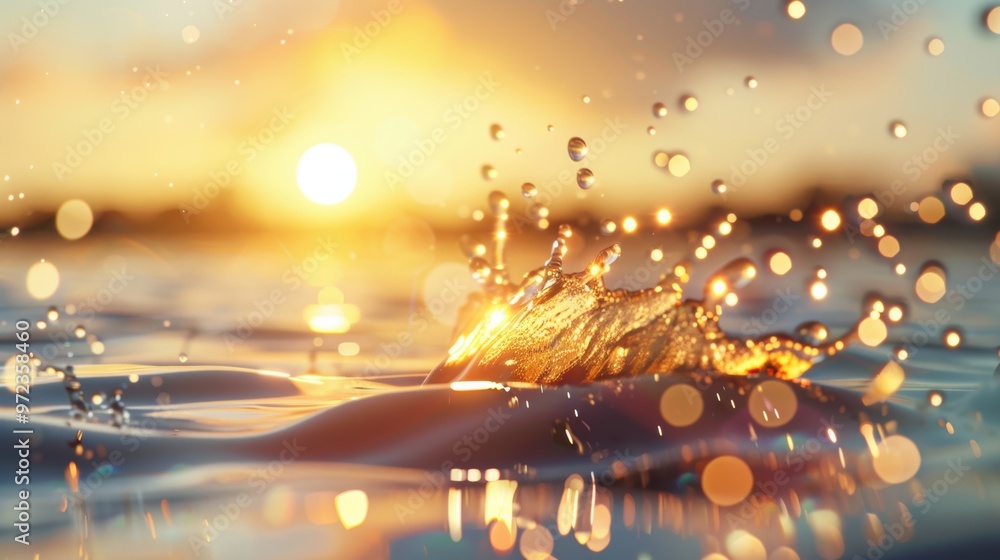 Poster a captivating rendering of waves splashing under a golden sunset, with warm tones and shimmering dro