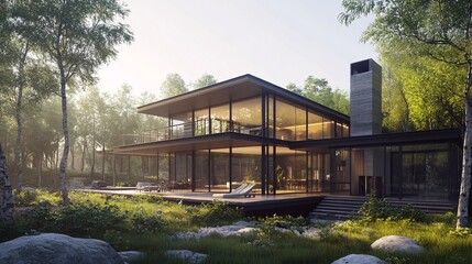 Obraz premium 108. 3D visualization of a contemporary home, blending modern architecture with a serene natural landscape, highlighting expansive windows and a harmonious design