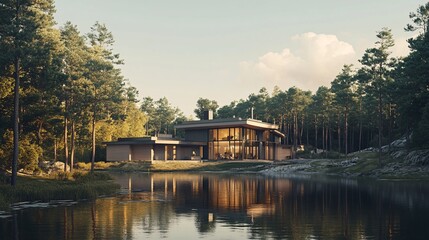 Obraz premium 108. 3D visualization of a contemporary home, blending modern architecture with a serene natural landscape, highlighting expansive windows and a harmonious design