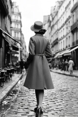 A vintage monochromatic image of a woman strolling through the streets of Paris in the 1950s