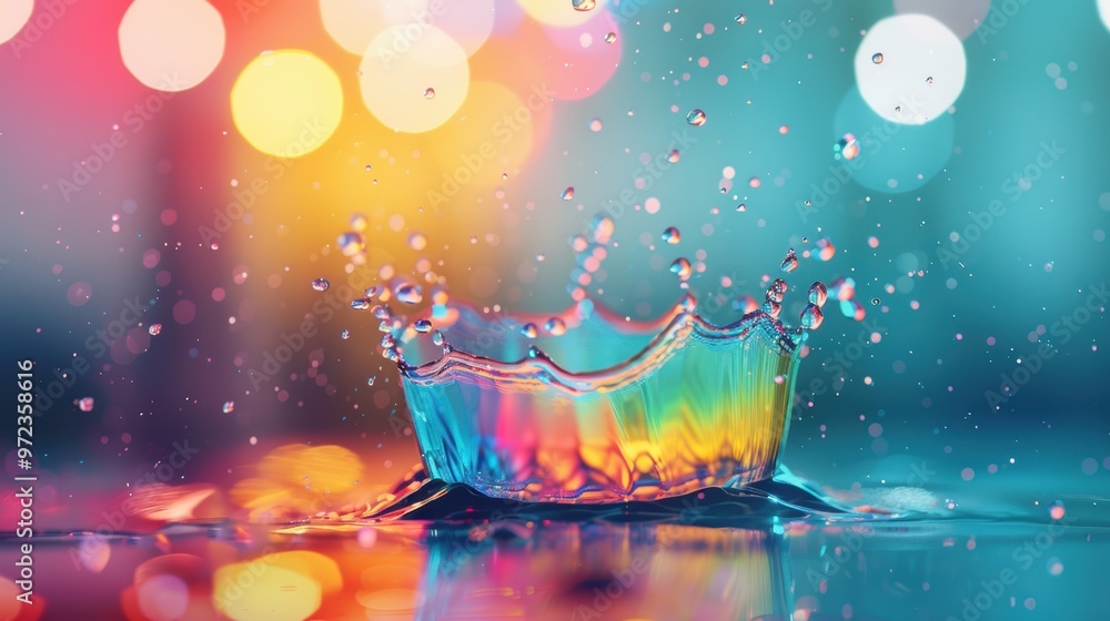 Poster a mesmerizing illustration of water splashes illuminated by a prism of light, creating a spectrum of