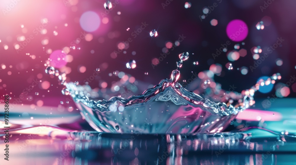 Poster a dynamic rendering of water splashes interacting with neon lights, resulting in a surreal blend of 