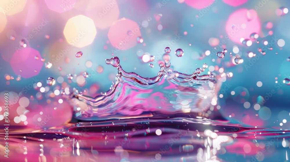 Poster an artistic portrayal of water splashes in a kaleidoscope of light, featuring intricate patterns and