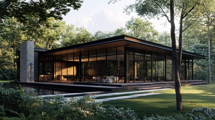 Obraz premium 110. Modern architectural rendering of a home within a natural landscape, featuring large open spaces, floor-to-ceiling windows, and a design that complements the surrounding nature