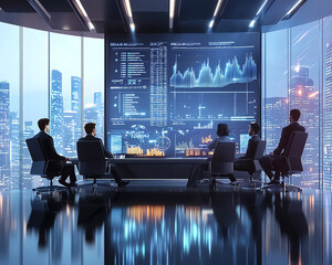 Business team analyzing data on large screen in modern office.