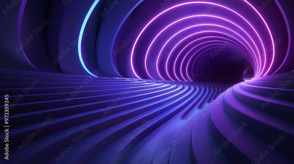 Poster a mesmerizing abstract tunnel illuminated by vibrant purple and blue lights, creating a futuristic a