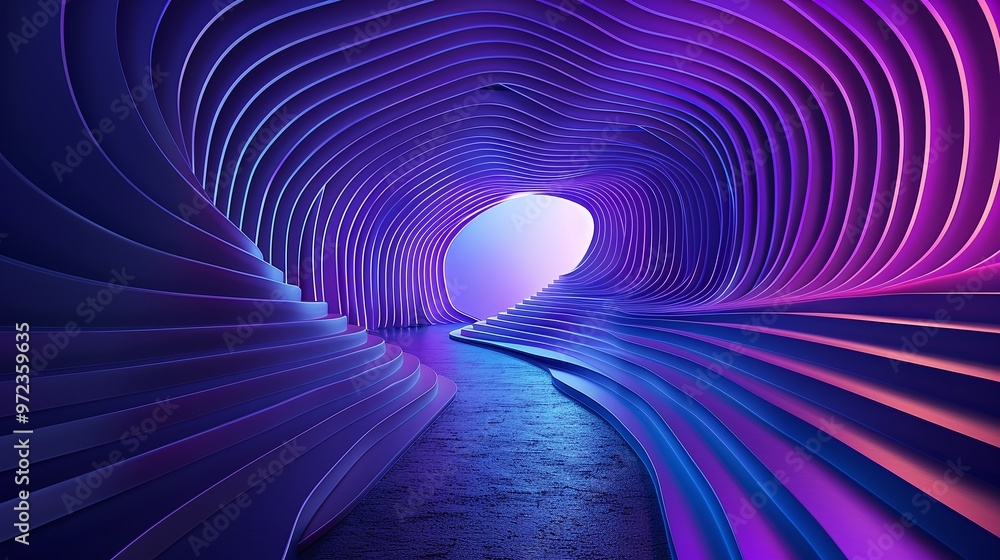 Poster a mesmerizing abstract tunnel with vibrant purple and blue grooves, creating an illusion of depth an