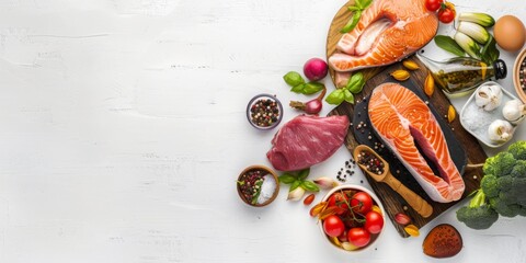 Healthy lifestyle and balanced nutrition illustrated through a diet plan alongside fresh ingredients on a white table.