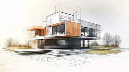 123. Dream house design visualized in mixed media, combining 3D architectural models with hand-drawn sketches, representing the fusion of design and creativity