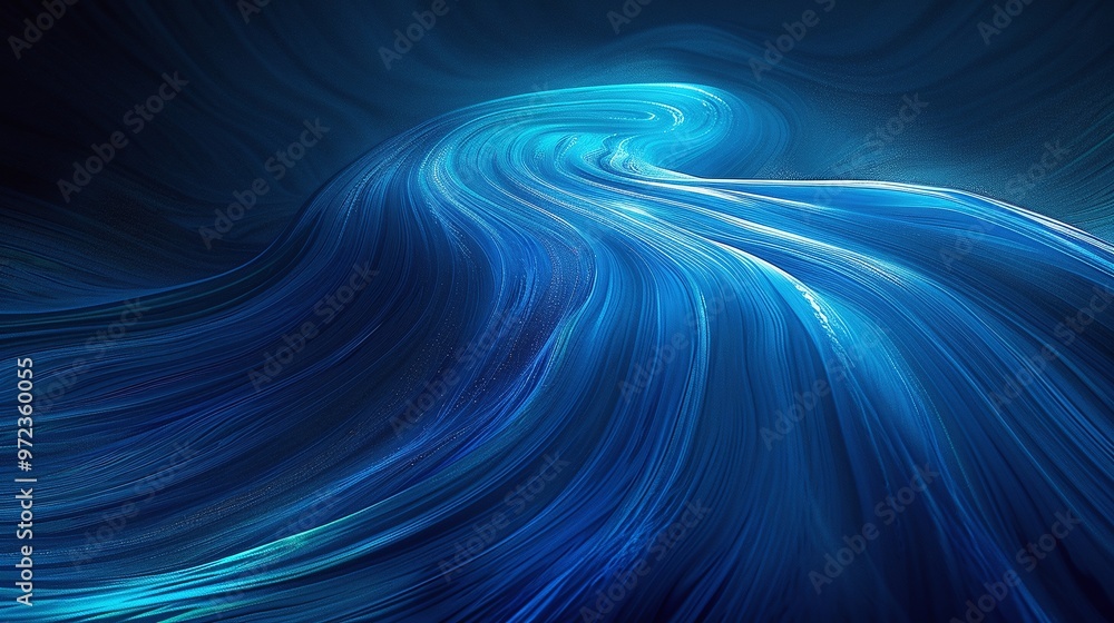 Poster a mesmerizing abstract wave of blue hues, creating a serene flow in a dark background, perfect for c