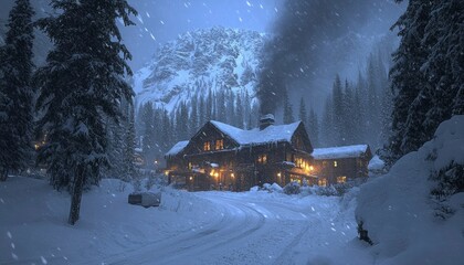 A Snowy Mountain Cabin with a Winding Road and a Dramatic Mountain in the Background