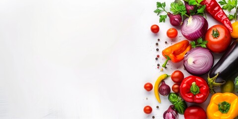 Celebrating the concept of a plant-based diet with fresh produce on a white background, featuring ample copy space for healthy lifestyle promotion.