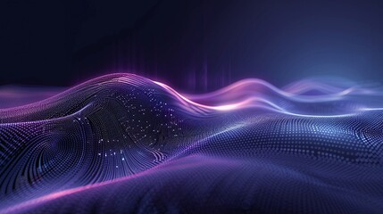 Fototapeta premium A mesmerizing abstract wave of vibrant colors and digital patterns flowing in a dark background, representing technology and innovation. Product presentation background.