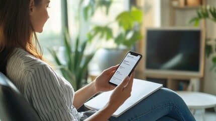 Businesswoman sitting at her desk with a satisfied expression, holding her phone