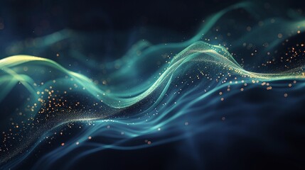 A mesmerizing abstract wave pattern with glowing particles, perfect for background design or digital art projects. Product presentation background.