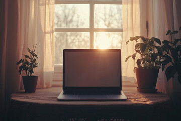 Fototapeta premium A minimalist scene of a blank laptop on wooden table with sunlight.