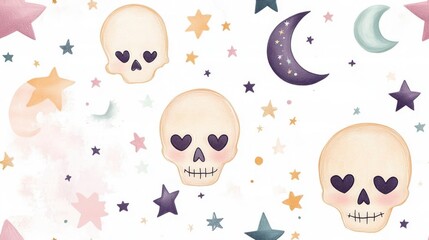 Fototapeta premium Whimsical design featuring skulls, stars, and moons in soft pastel colors, perfect for Halloween or playful decor.