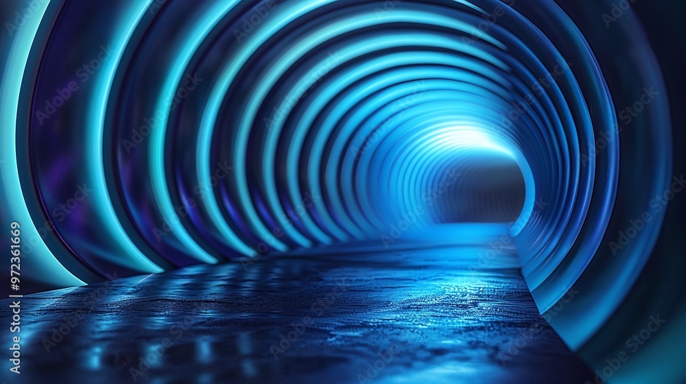 Poster a mesmerizing blue tunnel illuminated by glowing lights, creating a surreal, futuristic atmosphere a