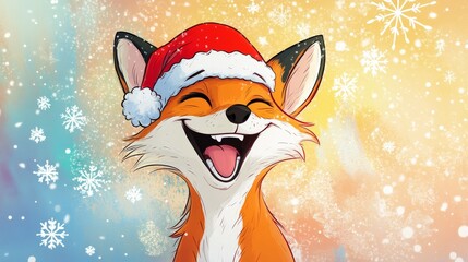 Cute cartoon fox wearing santa hat smiling during snowfall