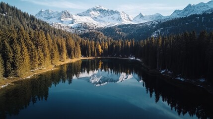 Obraz premium Majestic aerial view of a serene mountain lake surrounded by pine forests, with snow-capped peaks reflected in the still water. 4K hyperrealistic photo.