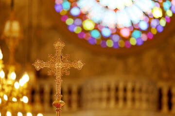 The cross standing on  christian church and flare background. Cross on a hill as the morning sun comes up for the day. The cross symbol for Jesus Christ. Easter background concept and The crosses sign