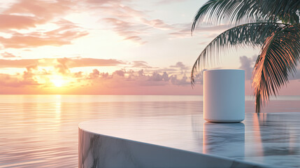 Elegant product mockup on a smooth marble surface, framed by a calm ocean view and a vibrant sunset sky