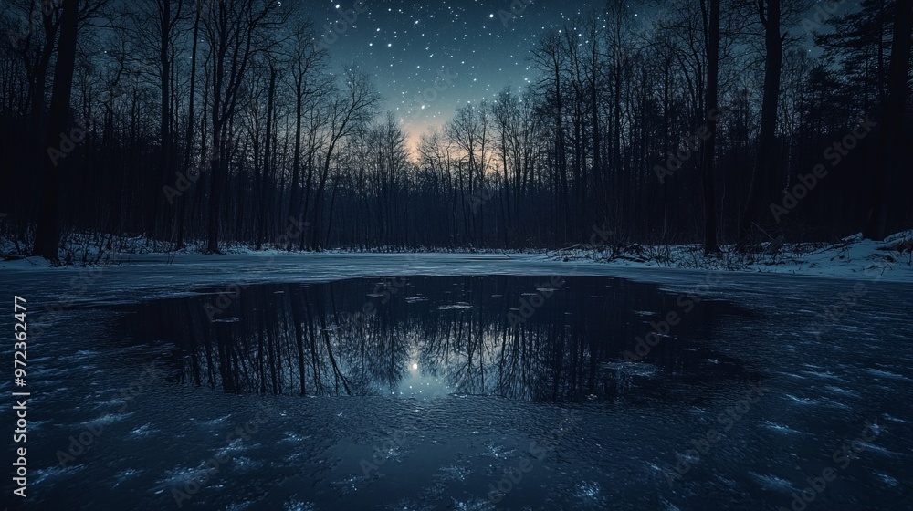 Sticker Frozen pond in a winter forest under a starlit sky, with the ice reflecting the stars and the bare trees silhouetted against the night. 4K hyperrealistic photo.