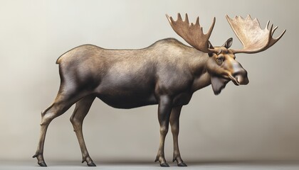 A large, brown moose with large antlers stands on a gray background.