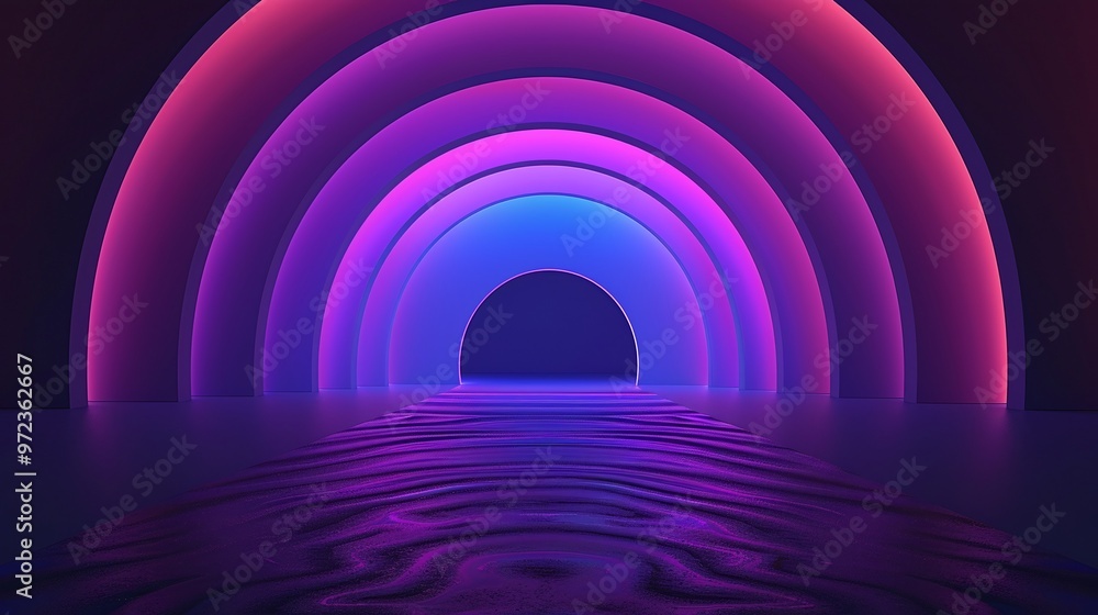 Poster a mesmerizing scene showcasing colorful glowing arches reflected on water, creating a tranquil and f