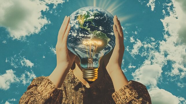 Creative trend collage of hands hold planet earth running female electric bulb travelling agency weird freak bizarre unusual fantasy