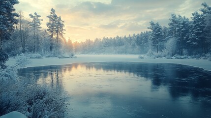 Fototapeta premium Frozen lakes, with their smooth, glassy surfaces, create a serene and hauntingly beautiful winter scene, reflecting the cold stillness of the season. 4K hyperrealistic.
