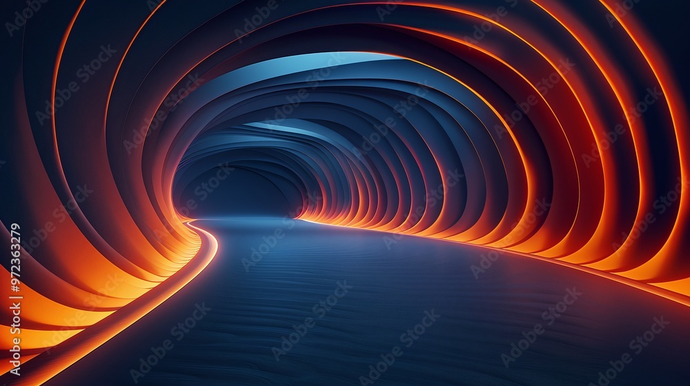 Poster a mesmerizing tunnel with glowing orange and blue waves, creating an evocative atmosphere of depth a