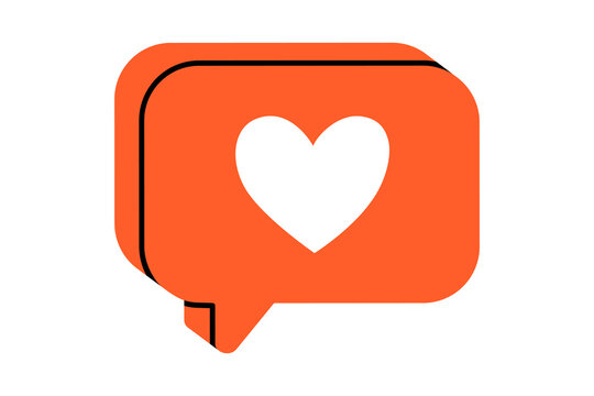 Hand drawn cute cartoon illustration speech bubble with heart. Flat vector falling in love message doodle. Online relationships. Social media addiction icon. Dating app. Like from follower. Isolated.