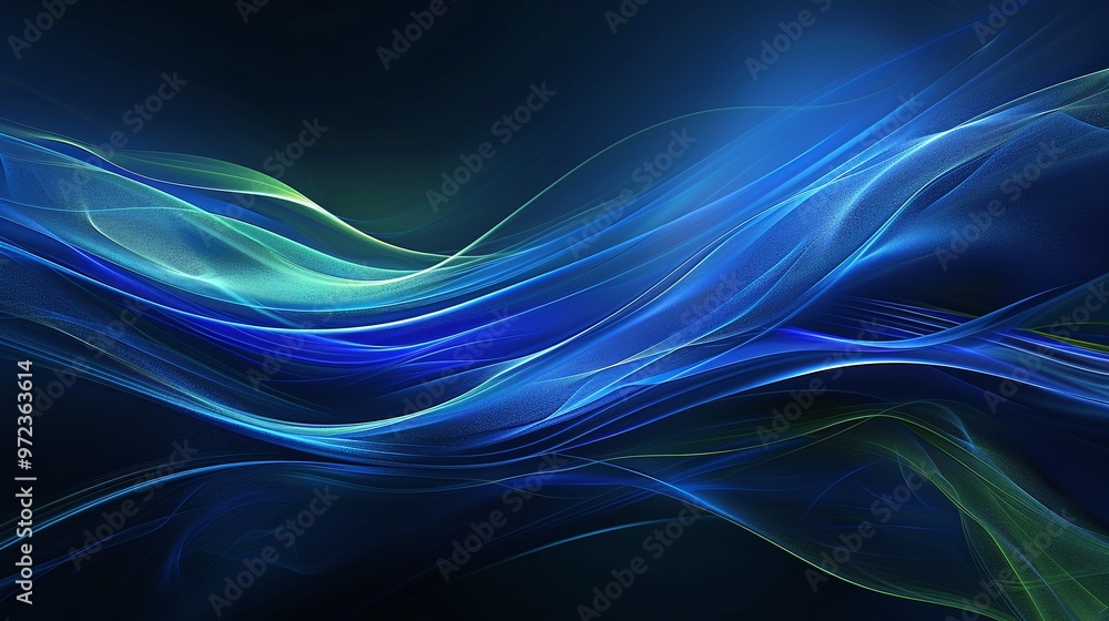 Poster a mesmerizing wave of blue and green light flows elegantly across a dark background, creating a dyna
