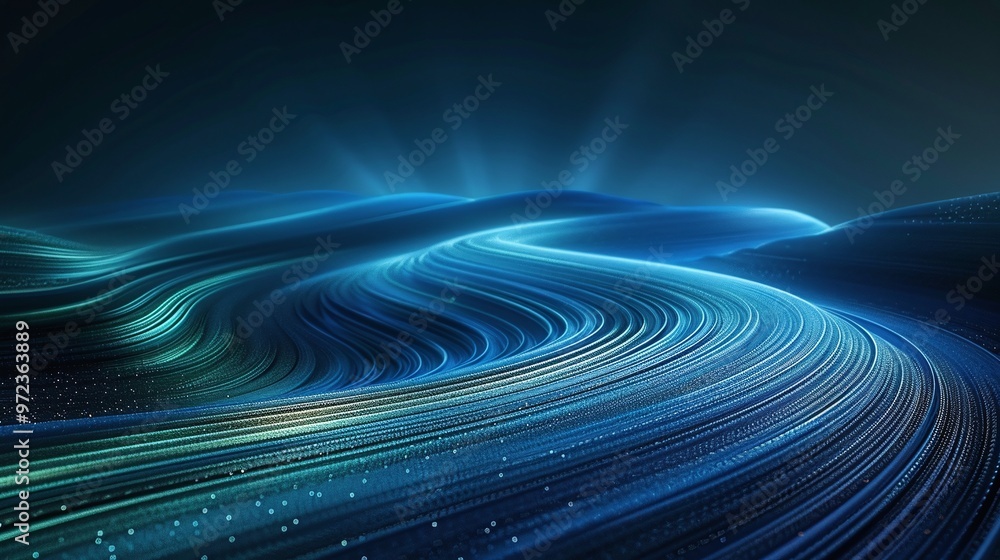Poster a mesmerizing wave of digital light flows through a dark space, representing motion and energy in a 