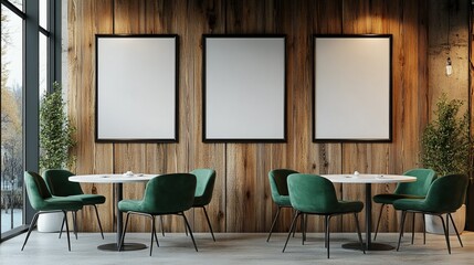 Modern cafe with green chairs, wooden wall panels, three empty frames, and white tables, light background. Cozy dining concept.