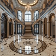 Obraz premium Grand Foyer with Curved Staircase Marble Flooring and Ornate Chandelier